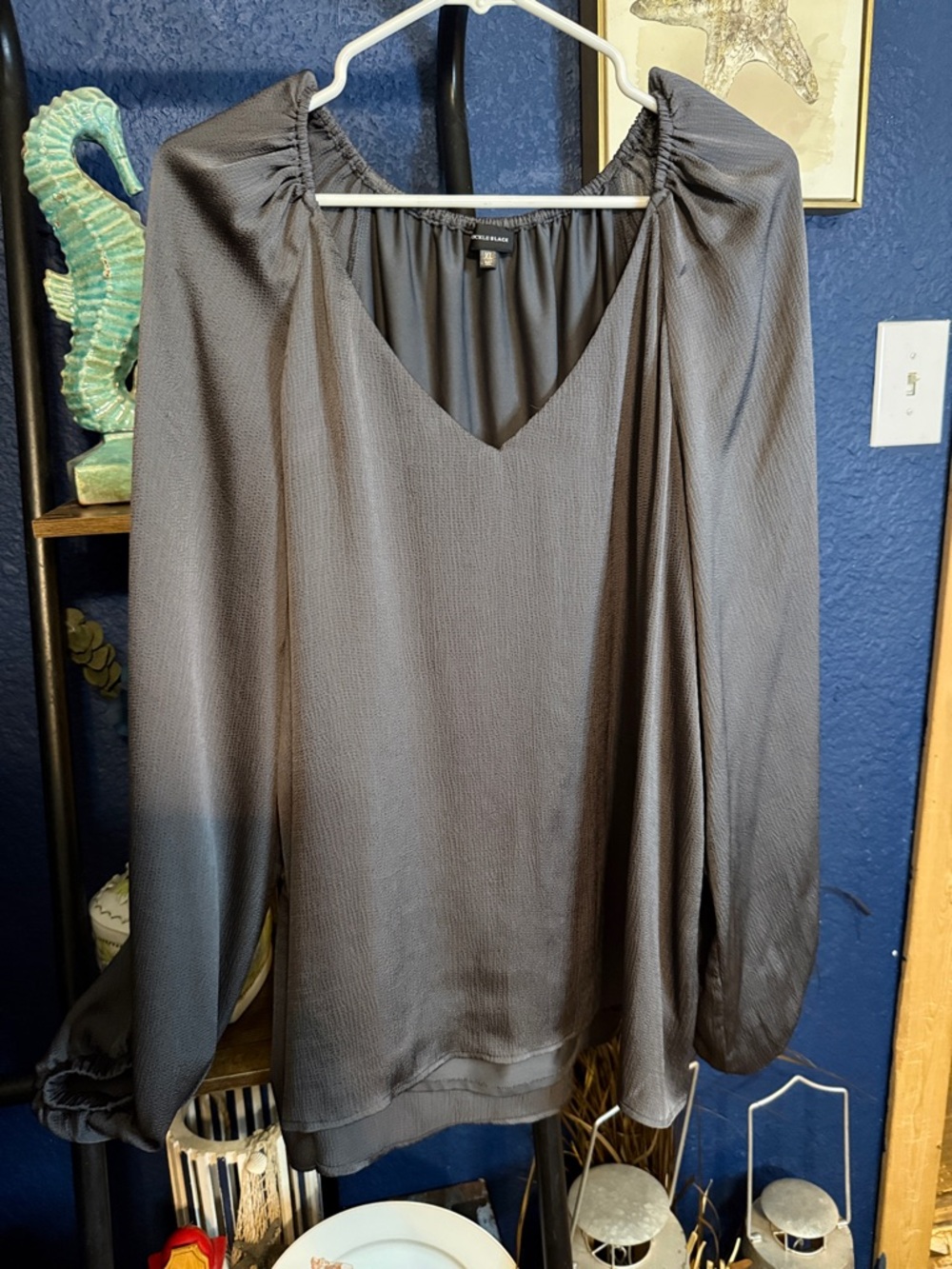 Nine West Black V-Neck Long Sleeve Blouse with Gathered Shoulders